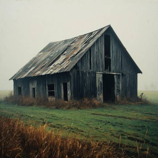 Abandoned Barn in Foggy Countryside