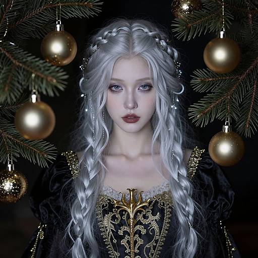 Digital portrait of a pale, blue-eyed, silver-haired woman with braided hair, wearing an ornate black and gold dress, surrounded by glowing Christmas