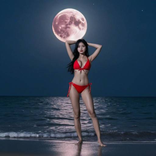 Moonlit Beach Beauty in Red Bikini