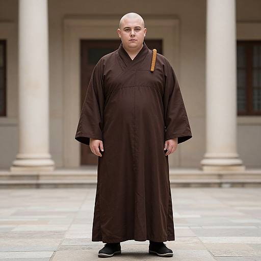 Photograph of a bald, serious-looking male Buddhist monk in a dark brown robe with an orange sash, standing in a columned courtyard.