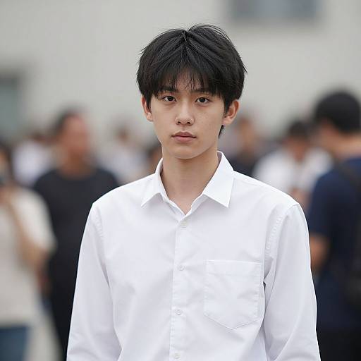 Photograph of an Asian male with straight black hair, wearing a crisp white button-up shirt, standing in a blurred outdoor crowd.