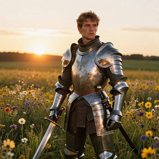 Knight in Armor Standing in Wildflower Meadow