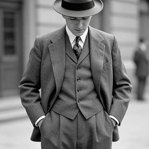 Black and white photograph of a young man in a classic three-piece suit, waistcoat, tie, and fedora, looking down with hands in pockets