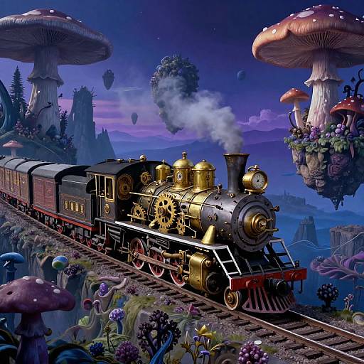 Vibrant digital illustration of a steampunk train with golden details, chugging through a whimsical, mushroom-filled, fantasy forest under a star