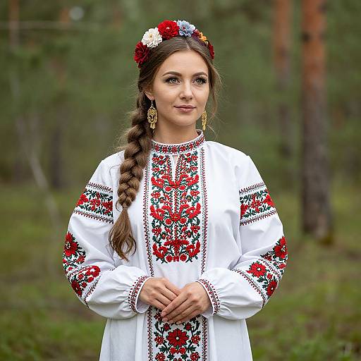 Photograph of a young woman with a braided brown hair, wearing a white embroidered dress with red floral patterns, flower crown, and gold earrings,