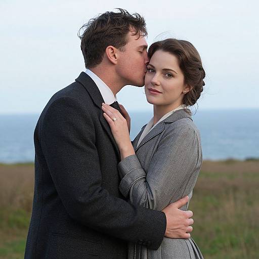 Photograph of a couple kissing; man in black suit, woman in gray blazer, outdoors with ocean and grassy field background.
