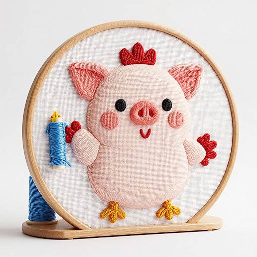 Photograph of a cute, cross-stitched pig with red ears and feet, yellow legs, and blue yarn spool, in a wooden hoop frame