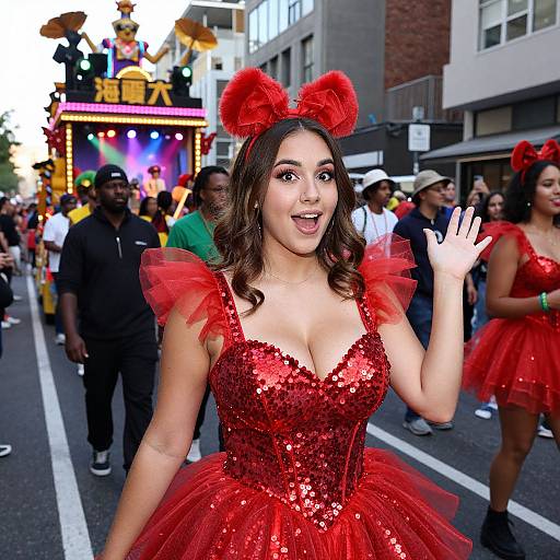 Photograph of a young woman with medium skin tone and brown hair, wearing a red sequin dress with red tulle and matching red bow headband