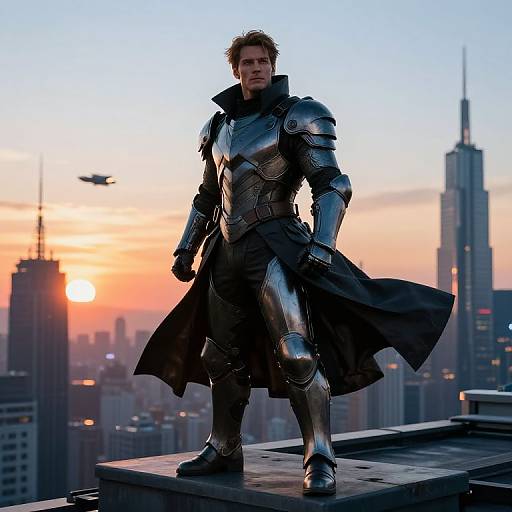Photograph of a muscular man in silver armor with a black cape, standing on a rooftop at sunset, with a city skyline and flying helicopter in the