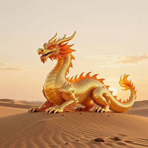 Digital artwork of a golden, dragon with fiery red spines and horns, lying on a sunlit, sand-covered desert.