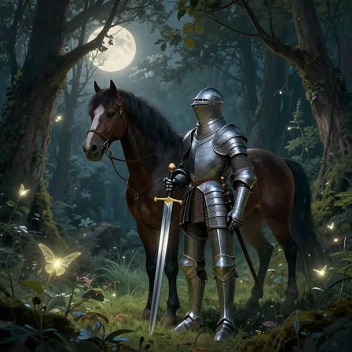 Digital fantasy artwork: armored knight in shiny steel armor with sword, standing beside a dark brown horse under a moonlit forest, surrounded by glowing fireflies