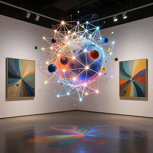 Photograph of an art gallery featuring a vibrant, abstract, wireframe light sculpture with colorful spheres above two abstract paintings on white walls.