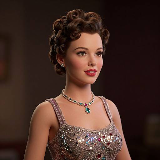 Digital portrait of a vintage-style woman with curled brown hair, red lipstick, sparkling silver sequin dress, and jeweled necklace, against a dark background