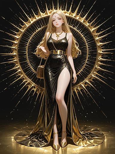 Digital art of a blonde woman in a black, shiny, thigh-high slit dress with gold accents, standing against a radiant gold sunburst background. She