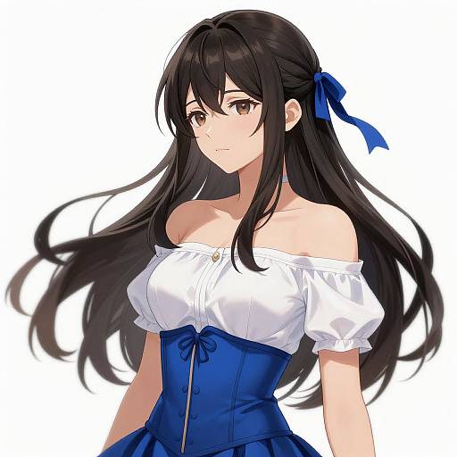 Anime-style digital drawing of a beautiful young woman with long black hair, brown eyes, wearing an off-shoulder white blouse and blue corset,