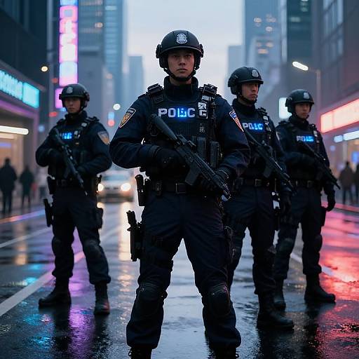 Photograph of four armed police officers in dark tactical gear standing on a wet, neon-lit city street at night.