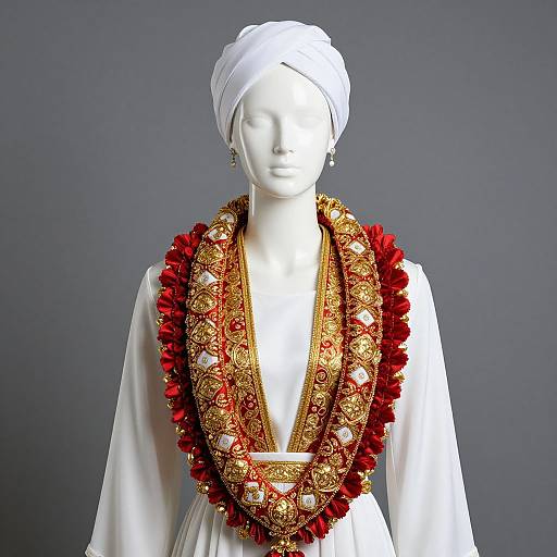 Photograph of a white mannequin wearing an ornate, gold and red embroidered necklace with red tassels, and a white draped garment,