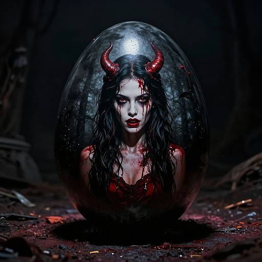 Digital artwork of a pale, blood-streaked demon woman with black hair, red horns, and red eyes, trapped inside a glowing glass sphere,