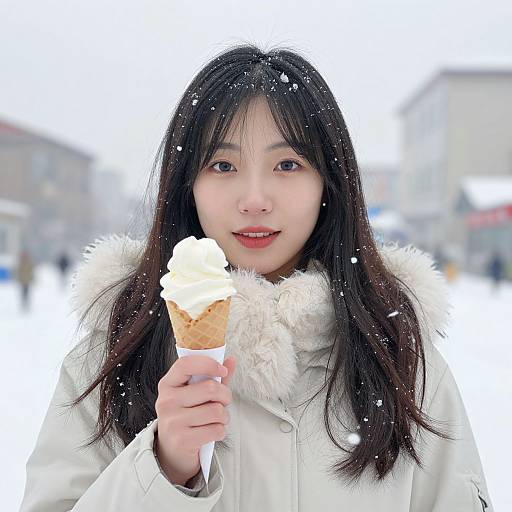 Woman Holding Ice Cream in Snow