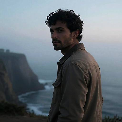 Cinematic Man on Foggy Coastal Cliff