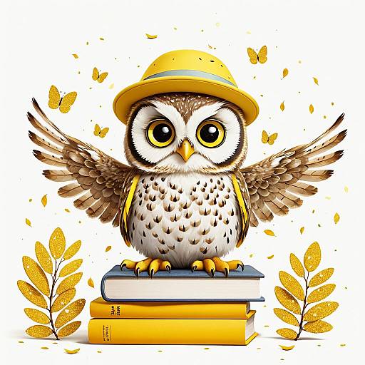 Cute Baby Owl with Yellow Hat on Books