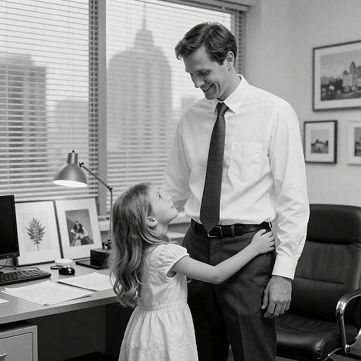 Heartwarming Office Moment in Black and White