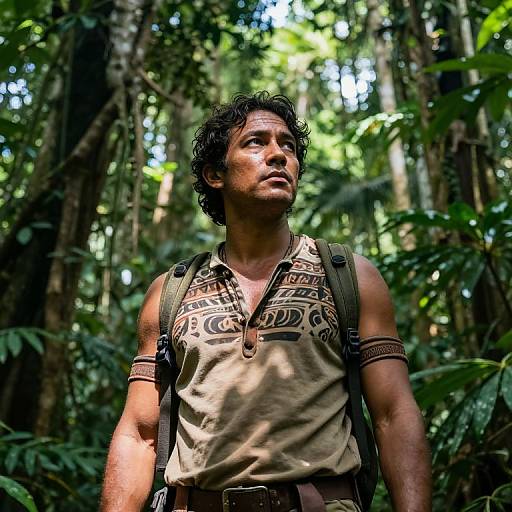 Photograph of a muscular, curly-haired man with dark skin, wearing a sleeveless, dirty beige shirt and backpack in a dense, sunlit jungle