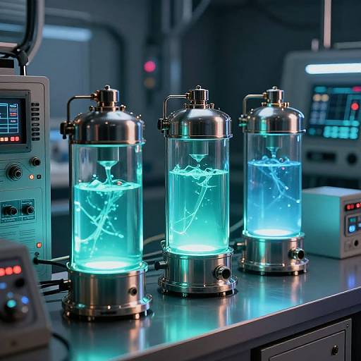 Photograph of three glowing, blue-lit glass vials with neon-like light inside, set on a metallic laboratory counter, surrounded by futuristic control panels