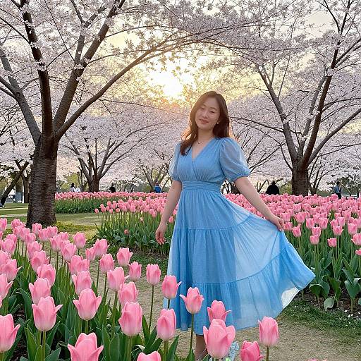 Photograph of an Asian woman in a light blue dress standing in a pink tulip garden with cherry blossom trees in the background, sunlight filtering through.