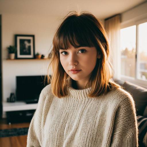 Young Woman with Side Swept Bangs in Cozy Sweater