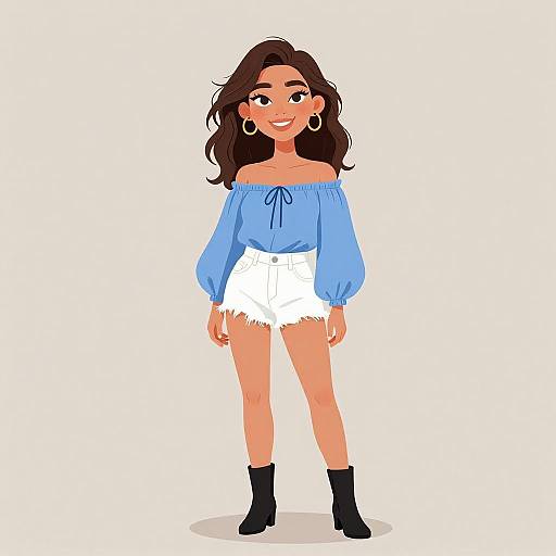 Digital illustration of a smiling, tan-skinned woman with long brown hair, wearing a blue off-shoulder top, white high-waisted shorts