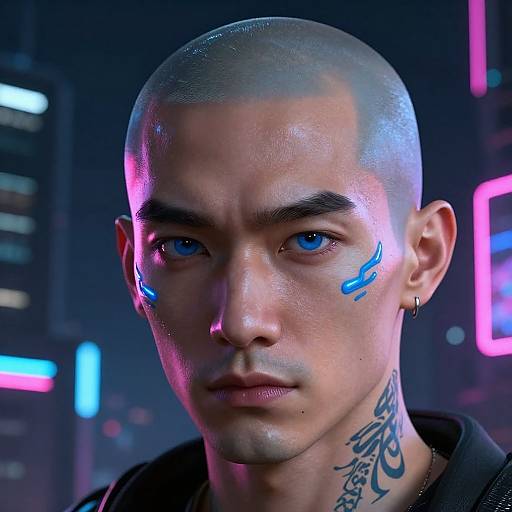 Cyberpunk Bald Character with Blue Tattoos