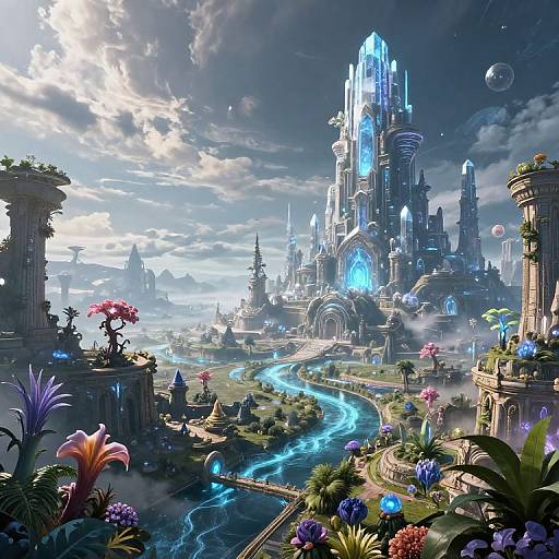 Fantasy digital art: Vibrant, futuristic city with glowing blue towers on a lush, flower-filled landscape, winding river, and cloudy sky.