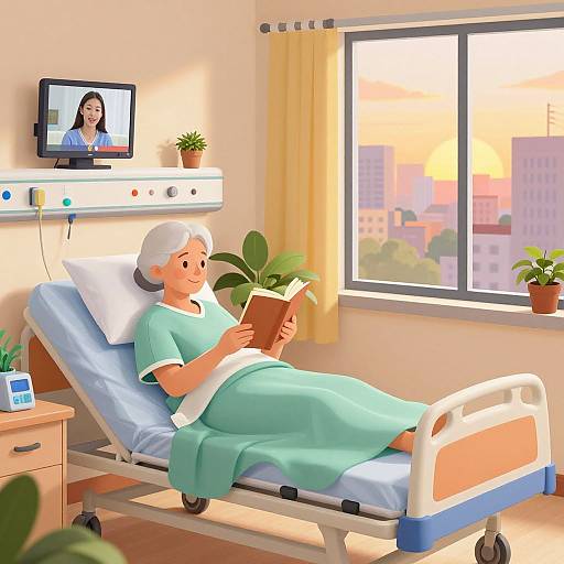 Digital illustration of elderly woman with white hair, green hospital gown, reading book in sunlit hospital room, TV showing doctor, potted plants, city