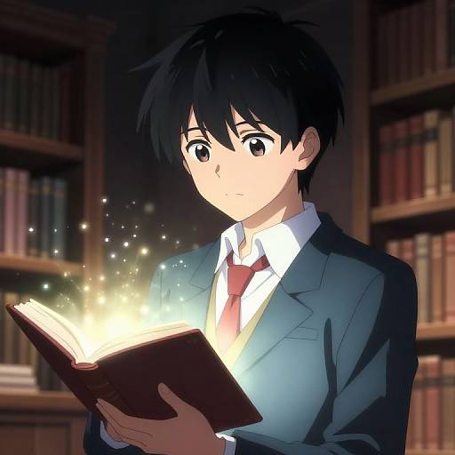 Anime-style digital drawing of a young man with black hair in a blue suit, white shirt, and red tie, holding an open book emitting glowing light