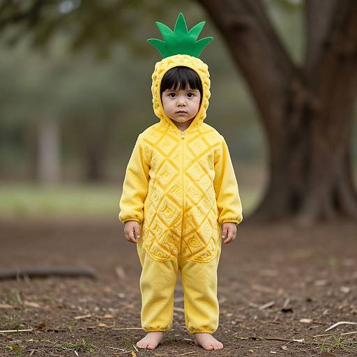 Photograph of a young Asian boy in a yellow pineapple onesie with green leaf hat, standing barefoot on forest path.