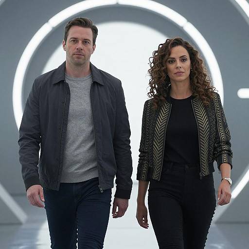 Two People Walking in Futuristic Setting
