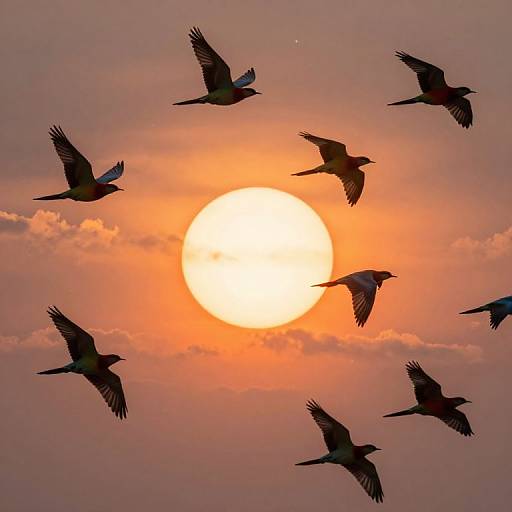 Photograph of seven birds in silhouette, flying in a circular formation around a bright, orange sun at sunset, with pink and purple hues in the sky