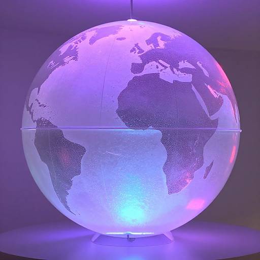 Photograph of a glowing, illuminated globe with textured continents, illuminated by purple and blue lights, hanging against a dark background.