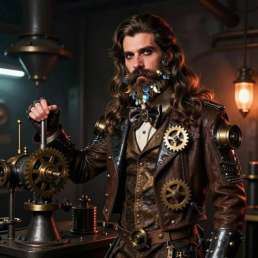 Photograph of a bearded man with long brown hair, wearing a steampunk leather jacket adorned with gears, blue gem earrings, and a bow