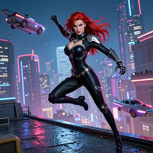 Digital CGI of a red-haired woman in a black, form-fitting, armored suit, running on a neon-lit city rooftop at night. Hel