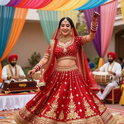 Photograph of a smiling South Asian bride in a red and gold traditional lehenga, performing a dance, with musicians in white and red outfits, and