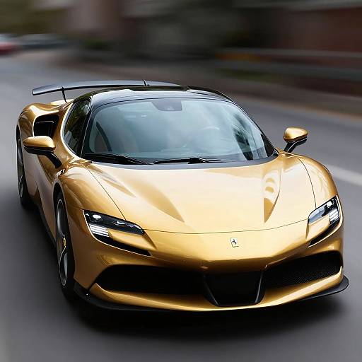 Photograph of a sleek, golden Lamborghini sports car with sharp headlights and a black rear spoiler, speeding on a blurred urban road.
