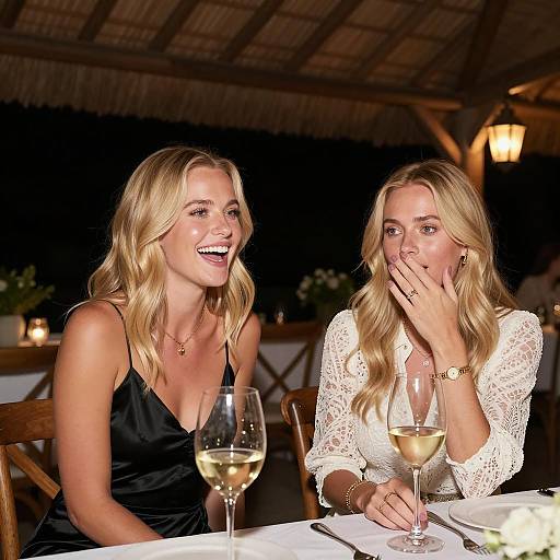 Blonde Women Dining Under Thatched Roof