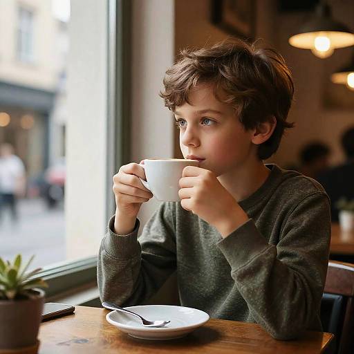 Photograph of a young boy with tousled brown hair, wearing a gray sweater, sipping from a white cup at a sunlit café table.