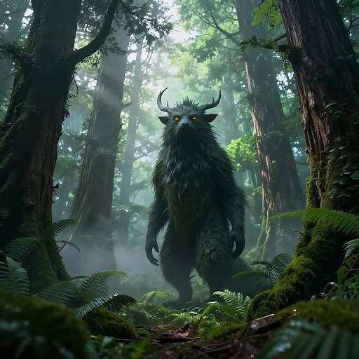 Digital artwork of a dark, furry, horned forest creature with glowing yellow eyes standing amidst misty, sunlit trees and lush greenery.