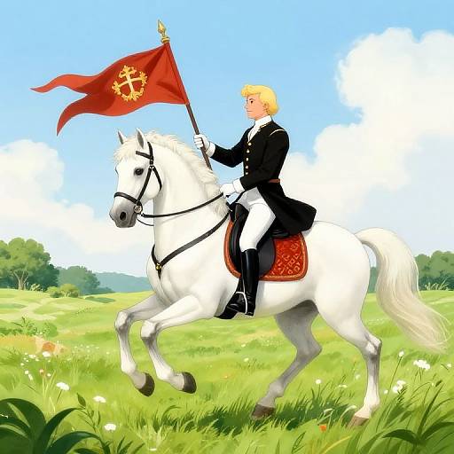 Digital illustration of a blond man in a black uniform riding a white horse with a red flag featuring a yellow cross. Bright, sunny meadow background.