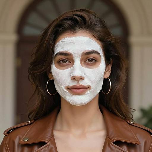 Woman with Facial Mask in Brown Leather Jacket