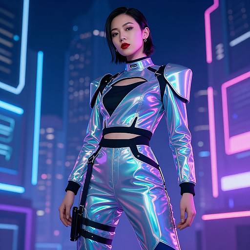 CGI image of a fierce woman in a shiny silver, high-collared jumpsuit with black straps, standing in a neon-lit futuristic city