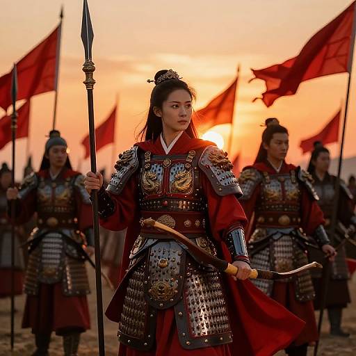 Photograph of a fierce Asian warrior woman in detailed medieval armor with red accents, holding a spear and sword, standing before a sunset with red flags and